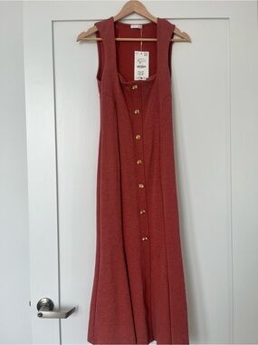 Zara Form Fitting Rust Sleeveless Maxi Dress with Gold Sun Buttons